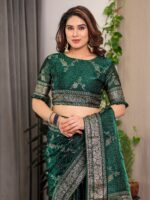 Bottle Green Fendi Satin Floral Block & Foil Printed Saree with Ornamental Border, Tassel Edges & Attached Blouse - Image 4