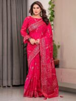 Rani Pink Fendi Satin Floral Block & Foil Printed Saree with Ornamental Border, Tassel Edges & Attached Blouse