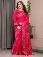Rani Pink Fendi Satin Floral Block & Foil Printed Saree with Ornamental Border, Tassel Edges & Attached Blouse - Image 6