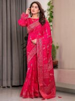 Rani Pink Fendi Satin Floral Block & Foil Printed Saree with Ornamental Border, Tassel Edges & Attached Blouse - Image 8