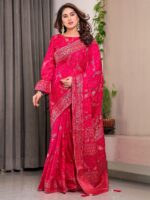 Rani Pink Fendi Satin Floral Block & Foil Printed Saree with Ornamental Border, Tassel Edges & Attached Blouse - Image 10