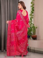 Rani Pink Fendi Satin Floral Block & Foil Printed Saree with Ornamental Border, Tassel Edges & Attached Blouse - Image 3