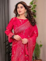 Rani Pink Fendi Satin Floral Block & Foil Printed Saree with Ornamental Border, Tassel Edges & Attached Blouse - Image 5
