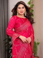 Rani Pink Fendi Satin Floral Block & Foil Printed Saree with Ornamental Border, Tassel Edges & Attached Blouse - Image 7