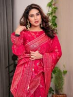Rani Pink Fendi Satin Floral Block & Foil Printed Saree with Ornamental Border, Tassel Edges & Attached Blouse - Image 9