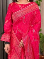 Rani Pink Fendi Satin Floral Block & Foil Printed Saree with Ornamental Border, Tassel Edges & Attached Blouse - Image 2