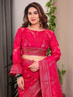 Rani Pink Fendi Satin Floral Block & Foil Printed Saree with Ornamental Border, Tassel Edges & Attached Blouse - Image 4