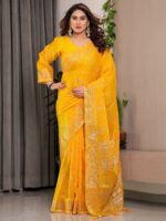 Mustard Yellow Fendi Satin Floral Block & Foil Printed Saree with Ornamental Border, Tassel Edges & Attached Blouse - Image 6