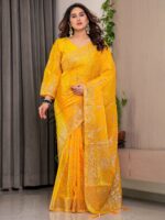 Mustard Yellow Fendi Satin Floral Block & Foil Printed Saree with Ornamental Border, Tassel Edges & Attached Blouse - Image 10