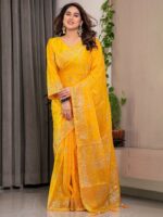 Mustard Yellow Fendi Satin Floral Block & Foil Printed Saree with Ornamental Border, Tassel Edges & Attached Blouse - Image 8