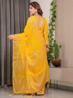 Mustard Yellow Fendi Satin Floral Block & Foil Printed Saree with Ornamental Border, Tassel Edges & Attached Blouse - Image 3