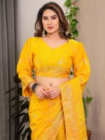 Mustard Yellow Fendi Satin Floral Block & Foil Printed Saree with Ornamental Border, Tassel Edges & Attached Blouse - Image 4