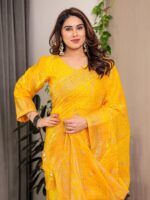 Mustard Yellow Fendi Satin Floral Block & Foil Printed Saree with Ornamental Border, Tassel Edges & Attached Blouse - Image 5