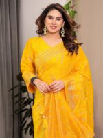 Mustard Yellow Fendi Satin Floral Block & Foil Printed Saree with Ornamental Border, Tassel Edges & Attached Blouse - Image 7