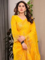 Mustard Yellow Fendi Satin Floral Block & Foil Printed Saree with Ornamental Border, Tassel Edges & Attached Blouse - Image 9