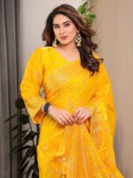 Mustard Yellow Fendi Satin Floral Block & Foil Printed Saree with Ornamental Border, Tassel Edges & Attached Blouse - Image 11