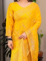 Mustard Yellow Fendi Satin Floral Block & Foil Printed Saree with Ornamental Border, Tassel Edges & Attached Blouse - Image 2