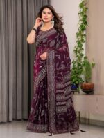 Wine Plum Fendi Satin Leafy Floral Block & Foil Printed Saree with Geometric Border, Tassel Edges & Attached Blouse - Image 7