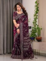 Wine Plum Fendi Satin Leafy Floral Block & Foil Printed Saree with Geometric Border, Tassel Edges & Attached Blouse - Image 9