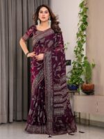 Wine Plum Fendi Satin Leafy Floral Block & Foil Printed Saree with Geometric Border, Tassel Edges & Attached Blouse - Image 11