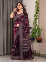 Wine Plum Fendi Satin Leafy Floral Block & Foil Printed Saree with Geometric Border, Tassel Edges & Attached Blouse - Image 5