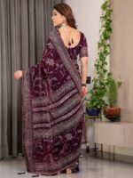 Wine Plum Fendi Satin Leafy Floral Block & Foil Printed Saree with Geometric Border, Tassel Edges & Attached Blouse - Image 3