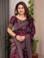 Wine Plum Fendi Satin Leafy Floral Block & Foil Printed Saree with Geometric Border, Tassel Edges & Attached Blouse - Image 6