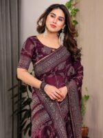 Wine Plum Fendi Satin Leafy Floral Block & Foil Printed Saree with Geometric Border, Tassel Edges & Attached Blouse - Image 10