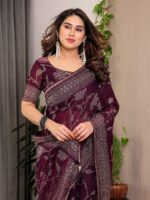 Wine Plum Fendi Satin Leafy Floral Block & Foil Printed Saree with Geometric Border, Tassel Edges & Attached Blouse - Image 8