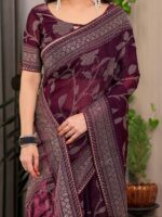Wine Plum Fendi Satin Leafy Floral Block & Foil Printed Saree with Geometric Border, Tassel Edges & Attached Blouse - Image 2
