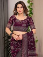 Wine Plum Fendi Satin Leafy Floral Block & Foil Printed Saree with Geometric Border, Tassel Edges & Attached Blouse - Image 4