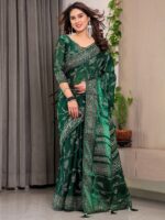 Emerald Green Fendi Satin Leafy Floral Block & Foil Printed Saree with Ornamental Border, Tassel Edges & Attached Blouse - Image 6