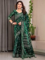 Emerald Green Fendi Satin Leafy Floral Block & Foil Printed Saree with Ornamental Border, Tassel Edges & Attached Blouse - Image 8