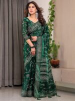 Emerald Green Fendi Satin Leafy Floral Block & Foil Printed Saree with Ornamental Border, Tassel Edges & Attached Blouse - Image 10
