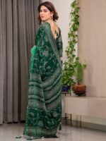 Emerald Green Fendi Satin Leafy Floral Block & Foil Printed Saree with Ornamental Border, Tassel Edges & Attached Blouse - Image 3