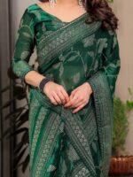 Emerald Green Fendi Satin Leafy Floral Block & Foil Printed Saree with Ornamental Border, Tassel Edges & Attached Blouse - Image 2