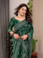 Emerald Green Fendi Satin Leafy Floral Block & Foil Printed Saree with Ornamental Border, Tassel Edges & Attached Blouse - Image 9
