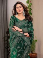 Emerald Green Fendi Satin Leafy Floral Block & Foil Printed Saree with Ornamental Border, Tassel Edges & Attached Blouse - Image 7