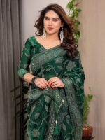 Emerald Green Fendi Satin Leafy Floral Block & Foil Printed Saree with Ornamental Border, Tassel Edges & Attached Blouse - Image 5