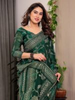 Emerald Green Fendi Satin Leafy Floral Block & Foil Printed Saree with Ornamental Border, Tassel Edges & Attached Blouse - Image 11