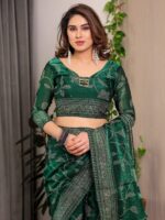 Emerald Green Fendi Satin Leafy Floral Block & Foil Printed Saree with Ornamental Border, Tassel Edges & Attached Blouse - Image 4