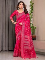 Rani Pink Fendi Satin Leafy Floral Block & Foil Printed Saree with Ornamental Border, Tassel Edges & Attached Blouse - Image 6
