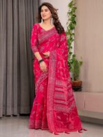Rani Pink Fendi Satin Leafy Floral Block & Foil Printed Saree with Ornamental Border, Tassel Edges & Attached Blouse - Image 8