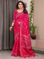 Rani Pink Fendi Satin Leafy Floral Block & Foil Printed Saree with Ornamental Border, Tassel Edges & Attached Blouse - Image 10