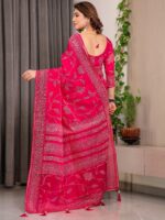 Rani Pink Fendi Satin Leafy Floral Block & Foil Printed Saree with Ornamental Border, Tassel Edges & Attached Blouse - Image 4