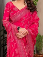 Rani Pink Fendi Satin Leafy Floral Block & Foil Printed Saree with Ornamental Border, Tassel Edges & Attached Blouse - Image 2