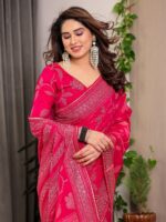 Rani Pink Fendi Satin Leafy Floral Block & Foil Printed Saree with Ornamental Border, Tassel Edges & Attached Blouse - Image 9