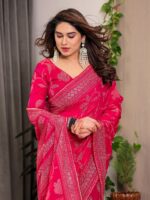 Rani Pink Fendi Satin Leafy Floral Block & Foil Printed Saree with Ornamental Border, Tassel Edges & Attached Blouse - Image 5