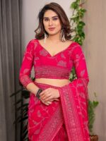 Rani Pink Fendi Satin Leafy Floral Block & Foil Printed Saree with Ornamental Border, Tassel Edges & Attached Blouse - Image 3