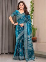 Teal Blue Fendi Satin Leafy Floral Block & Foil Printed Saree with Ornamental Border, Tassel Edges & Attached Blouse - Image 10
